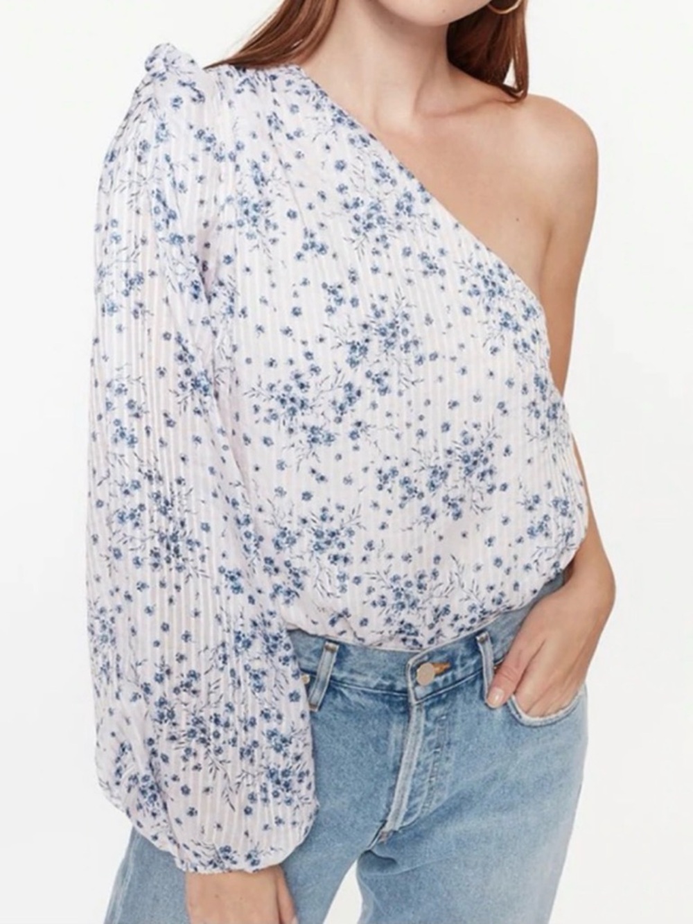 Cami NYC Lenore One-Shoulder Bodysuit Blouse in Blue & White Denim Wallflower